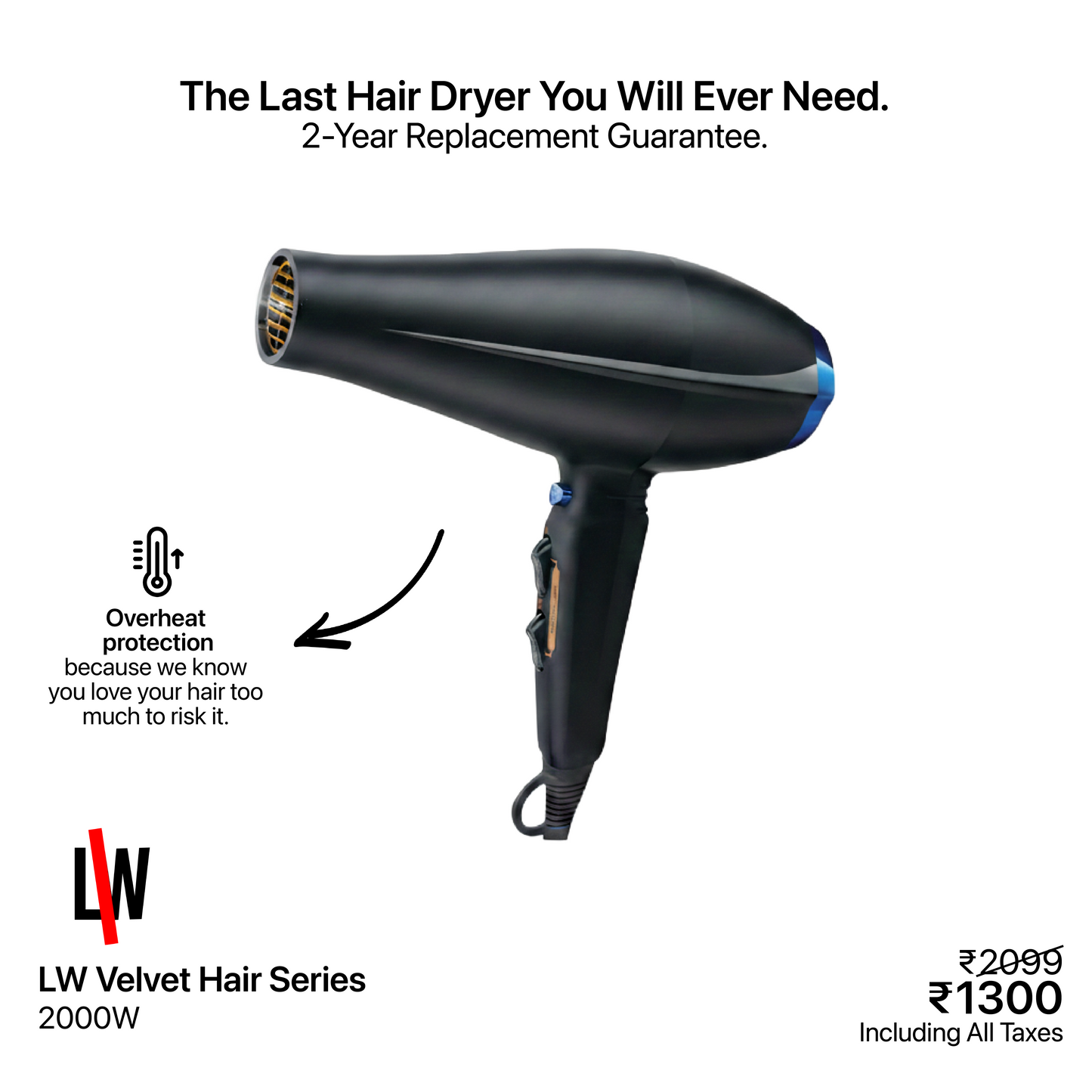 The Velvet Hair Series: 2000W Professional Power with a 2-Year Guarantee.